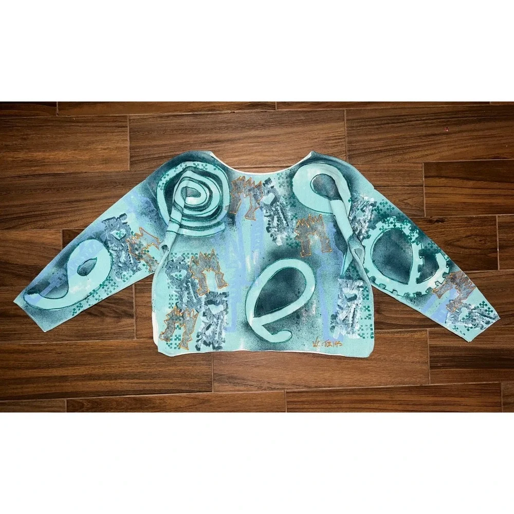 Rare Vintage VC Torias Womens Blue All Over Hand Painted Knit Art Canvas Top OS